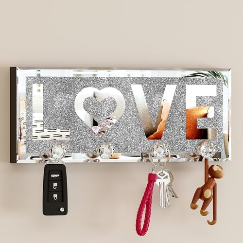 SHYFOY Mirrored Key Holder for Wall Decorative Love Letter Sign Plaque Key Hanger for Decor, Glitter Key Rack Wall Hanger with 4 Crystal Hooks for Entryway Front Door Key Hanging by SHYFOYHomeDecoration