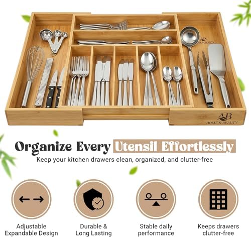 AB Home & Beauty Expandable Bamboo Drawer Organizer for Kitchen Utensils - Adjustable Silverware Organizer, Non-Slip Bamboo Cutlery Tray, Eco-Friendly Kitchen Drawer Storage - Image 2