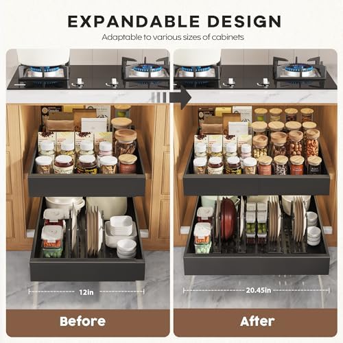 Seinloes 6 Pack Pull Out Cabinet Organizer 21"Deep with Raising Pad for Framed Cabinets,Expandable Slide Out Drawers with 4pcs Divider Racks,Roll Out Shelf Adhesive,Adjustable Width 12.05"-20.4"Black - Image 3