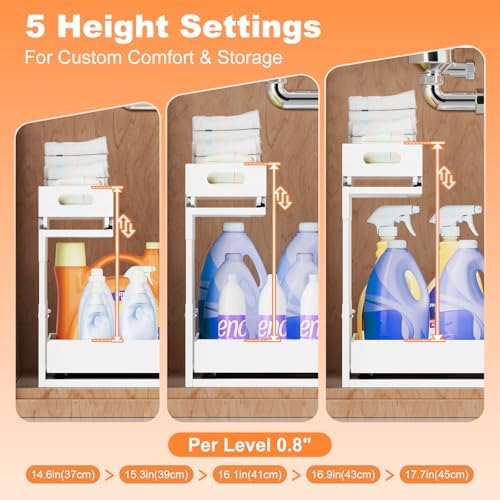 Upgrade 1 Pack Expandable Under Sink Organizer: 2-Tier Pull Out Cabinet with 3 Heavy-Duty Ball-Bearing Slide Rails, Tool-Free Height Adjustable, Slide-Out Drawers for Kitchen, Bathroom, Laundry - Image 4