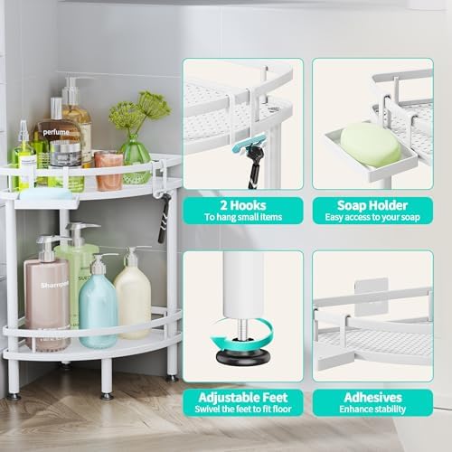 HapiRm Standing Corner Shower Caddy - 2 Tier Shower Organizer Corner with Soap Holder and 4 Hooks, Rustproof Bathroom Storage Shelves with Adhesives, White - Image 2