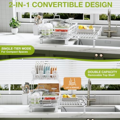 2-Tier Expandable Dish Drying Rack for Kitchen Counter, White - Image 3
