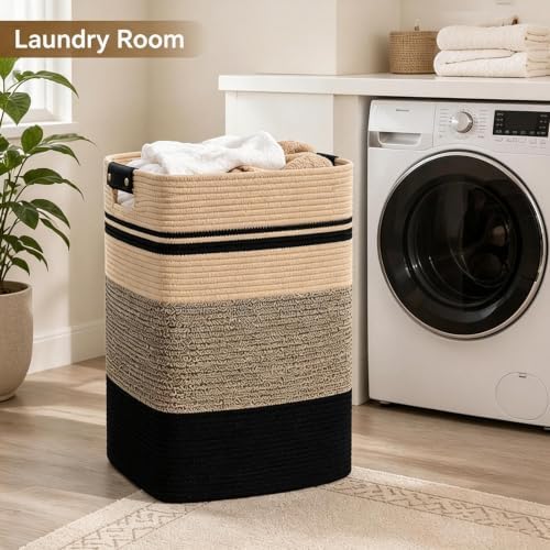 Laundry Hamper, Cotton Rope Laundry Basket with Leather Handles, 22.5-Gallon/85 L Large Clothes Hampers for Laundry, Woven Laundry Baskets for Blankets, Clothing, Bedroom, Living Room, Nursery - Image 2