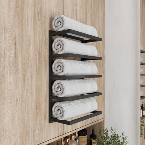 Modern 5-Tier/6-Tier Towel Rack - Wall-Mounted Black Metal Towel Shelf for Bathroom, Space-Saving Storage for Towels, Organizers, and Home Decor (5-Tier) by WitaHome