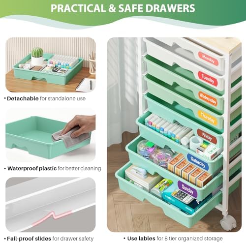 Goovilla Rolling Cart with 8 Drawers for Art, Dorm, Office, Craft, Green - Image 3