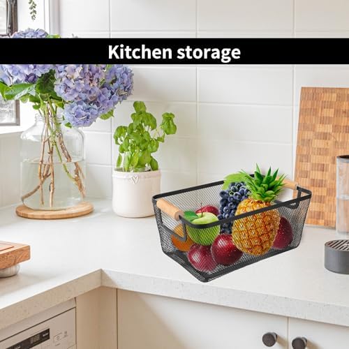 2 Pack 12" Wide Metal Mesh Baskets with Bamboo Handles for Pantry Organization | Wire Storage Bins for Kitchen, Cabinet, Fruit & Snacks | Decorative Farmhouse Style Organizer - Image 4