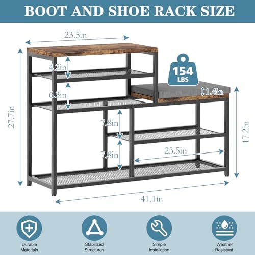 Shoe Rack,Freestanding Hidden Shoe Storage Organizer for Entryway, Shoe Bench Shelves for High Boot with Seat Cushion,Wood Shoe Rack Cabinet for Front Door Entrance Closet, Hallway, 5 Tier,Brown - Image 3
