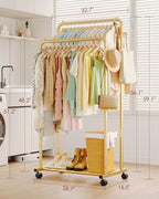 Sakugi Double Rod Clothes Rack Mesh Shelf & Hooks, 28.7x16.5x59.1, Gold - Image 2