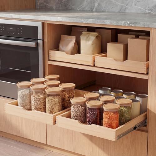 Menkxi 2 Set Wooden Pull out Cabinet Organizer Fully Assembled Slide out Pantry Drawer with Gentle Close Storage Shelf Tray for Base Kitchen Under Sink Bathroom Accessory(Wood Color,18'' X 21'' X 3'') - Image 6
