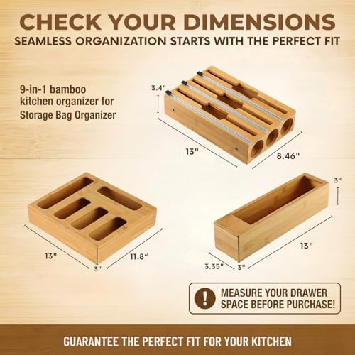 9 in 1 Storage Bag Organizer for Kitchen Drawer, Bamboo Foil and Plastic Wrap with Cutter, Ziplock Bag Organizer for Quart, Gallon, Sandwich & Snack Bags - Aluminum Foil Organizer - Image 2
