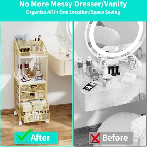 HapiRm Makeup Organizer Storage Cart - Floor Skincare Make Up Storage with 4 Drawers, Rolling Makeup Cart Vanity Organizer Cosmetics Display Cases Holder for Skin Care Perfume Nail Polish, Gold - Image 2