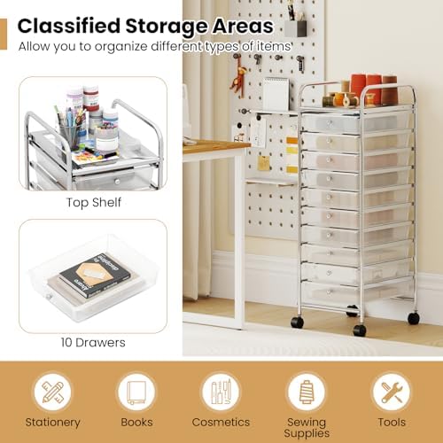 Giantex Rolling Storage Cart with 10 Drawers, Utility Cart with Tabletop, Drawer Organizer with Wheels for Craft Art Paper Tool, Mobile Organization & Sorting for Office Home School School Supplies - Image 6