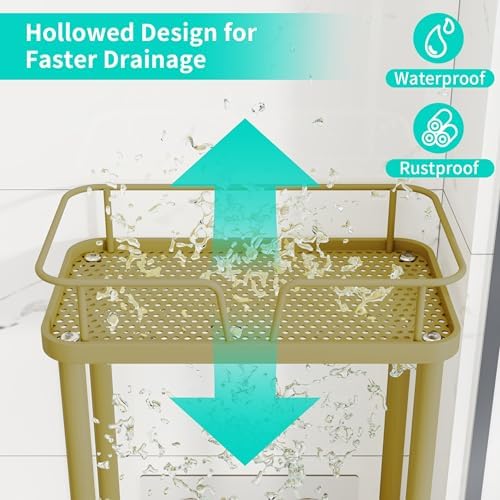 HapiRm Standing Corner Shower Caddy - 3 Tier Corner Shower Organizer with Soap Holder, Rustproof Stainless Steel Bathroom Shelf with 4 Hooks, Gold - Image 3