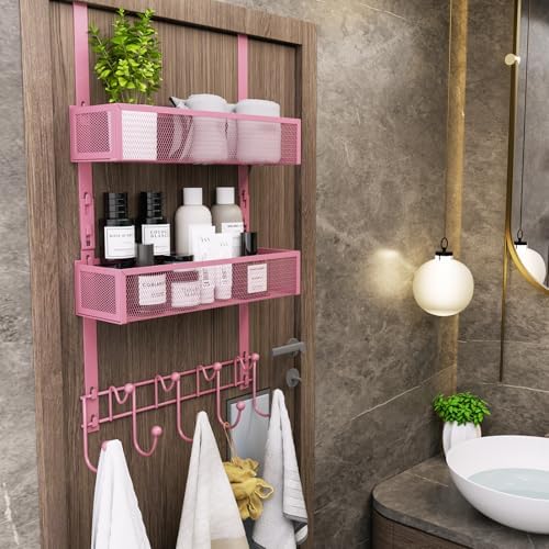 Consumest Over The Door Hooks Organizer - 3 Tier Door Hanger with 9 Coat Hooks & 2 Mesh Basket, Back Storage Organizer Hanging Towels for Bathroom, Bedroom, Pink - Image 7