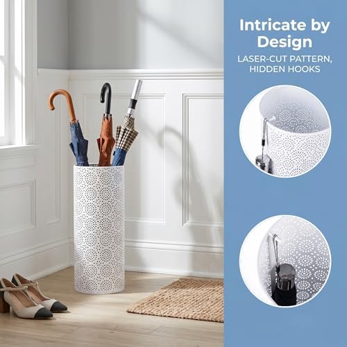 BEWBBAT Umbrella Stand Rack for Entryway, Free Standing Metal Umbrella Holder, Round Umbrella Organizer Bin with 3 Hooks for Long Short Umbrella, Walk Stick, Home Office Indoor, 17 x 7 Inch, White - Image 5