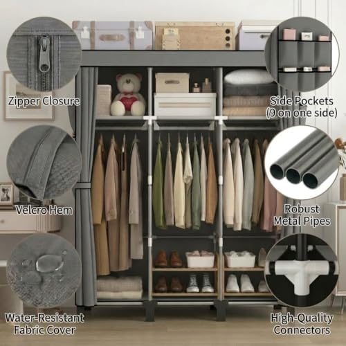 Portable Non-Woven Fabric Wardrobe, 3 Hanging Rods & Multi Tier Storage Shelves, 18 Side Pockets Clothes Closet Organizer, 130×45×172cm for Bedroom Dorm Living Room (Gray) - Image 2