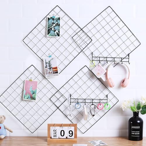Feadily 6 Pack Metal Grid Panel, 13.8" x 13.8" Black Wire Grid Wall Organizer for Photos, Notes & Decor, Include 2 Hook Racks - Image 2