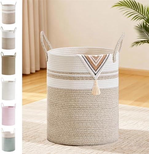 53L Tall Cotton Rope Laundry Basket with Handles, White & Brown by SunNewt