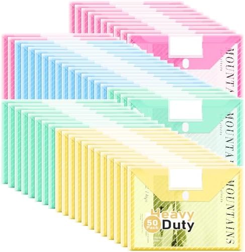 50 Pack, Plastic Envelopes File Folders, HeavyDuty Document Folder for Letter and A4 Size, Clear Document Holder with Label Pockets for School Home Work Office Organizer (50) by WORPSON