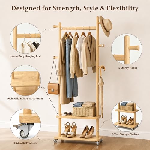 Taitiy Coat Rack Freestanding Solid Wood Clothes Rack with Wheels - Image 4