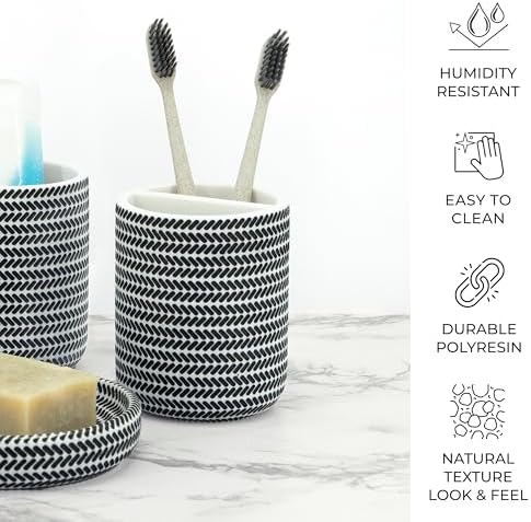 ZCCZ Black and White Bathroom Accessories Set, 4 Pieces - Toothbrush Holder, Soap Dispenser, Vanity Tray, Tumbler - Countertop Organizer for Bathroom Decor - Modern Accessory Set for Home and Office - Image 4