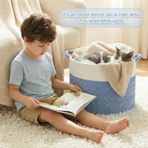 Artfeel 100L Large Cotton Rope Basket, Decorative Woven Blanket Storage for Living Room, Boho Toy Storage & Toy Box for Kids, Versatile Laundry Basket & Nursery Hamper for Blankets(DenimBlue) - Image 3