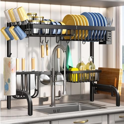 Over The Sink Dish Drying Rack, Adjustable 25.5-33.5 in, 2-Tier, Black by SAYZH