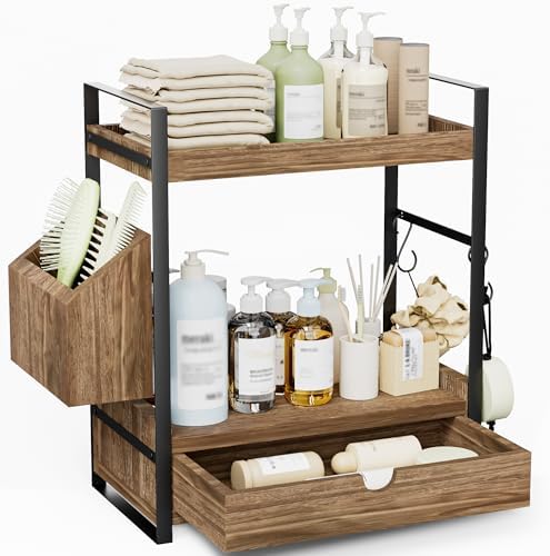 2-Tier Bathroom Counter Organizer, Wooden Vanity Shelf with Drawer & Basket by Unknown