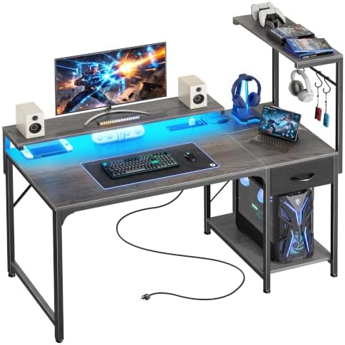 PRAISUN 47.2 Inch Gaming Desk with LED Lights & Power Outlets by PRAISUN