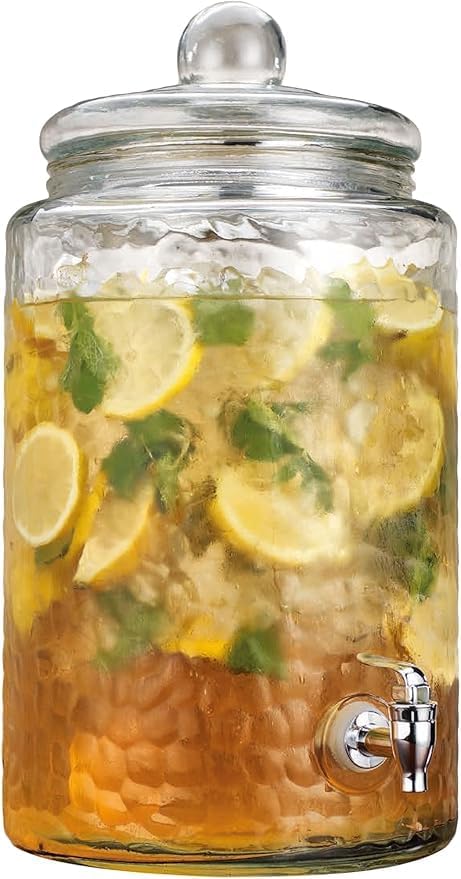 3 Gallon Classic Hammered Glass Ice Cold Beverage Drink Dispenser - With Glass Lid 100% Leak Proof Spigot- Wide Mouth Easy Filling For Outdoor, Parties & Daily Use by MosJos