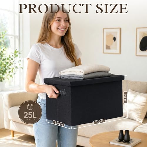 Fabric Storage Bins with Lids, Heavy Duty Collapsible Organizer Bins for Shelves, Stackable Closet Woven Baskets with Handles, 25L Rectangle Boxes for Bedroom Office, Cube Home Decor (Black 2 Pack) - Image 2