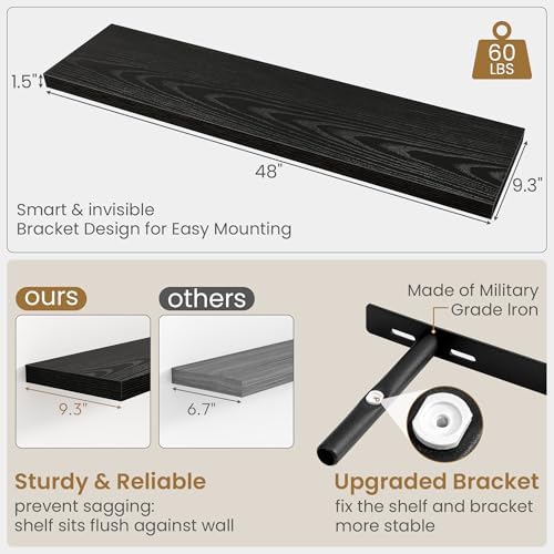 Fun Memories 48 Inch Floating Shelves in Black, 9.3 Inch Deep Wall Shelves for Bathroom, Living Room, Bedroom, Kitchen, Deep Long Shelf Wall Mounted 1 Pack Shelf for Books, Decor - Image 3