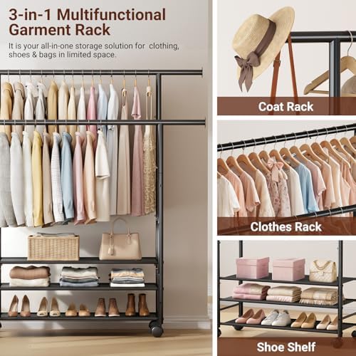 SLEEPING LAMB 44" Double Rods Clothes Rack for Hanging Clothes, Sturdy Wardrobe Clothing Rack with 3 Tier Shelves, Portable Rolling Garment Rack With Wheels for Bedroom, Laundry Living Room, Black - Image 7