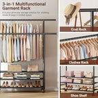 SLEEPING LAMB 44" Double Rods Clothes Rack for Hanging Clothes, Sturdy Wardrobe Clothing Rack with 3 Tier Shelves, Portable Rolling Garment Rack With Wheels for Bedroom, Laundry Living Room, Black - Image 7
