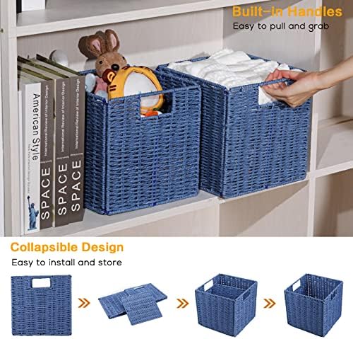 Vagusicc Wicker Basket, Set of 2 Hand-Woven Paper Rope Storage Baskets for Organizing, Foldable Cubby Storage Bins, 9 Inch Small Wicker Storage Basket, Square Baskets Cube Storage Organizer Bins, Blue - Image 3