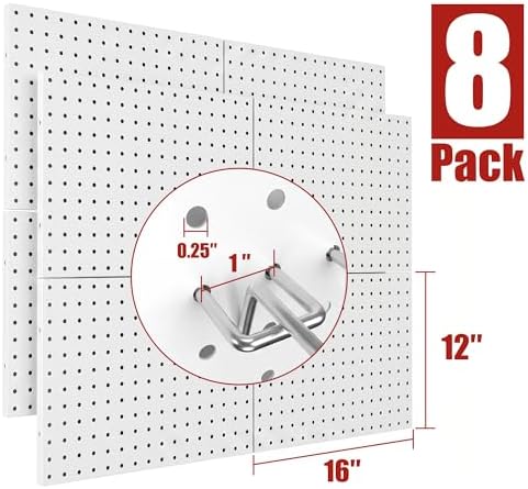 8 Pack Metal Peg Board Panels with 50 Hooks, White - Image 3