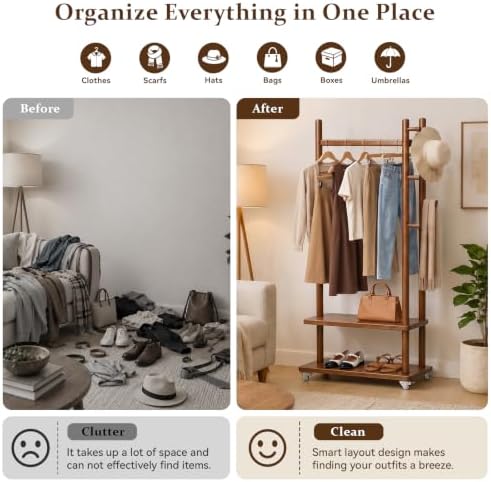 Taitiy Coat Rack Freestanding Solid Wood Clothes Rack with Wheels - Image 5