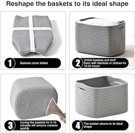 ICERZCZ Small Storage Baskets for Shelves Organizing, Woven Cotton Rope Baskets for Storage, Book Basket, Decorative Shelf Basket, 12.5"Lx9.1''Wx7.9''H (4 Packs) Grey - Image 7