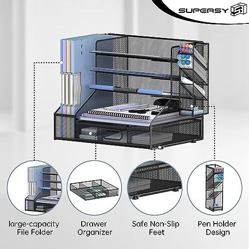 Desk Organizer with 5 Tier File Holder and Sliding Drawer Pen Holder Black - Image 3