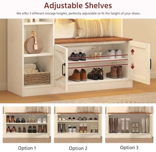 TVU Hall Tree with Bench & Shoe Storage, Farmhouse Entryway Bench with Coat Racks & Led Lights, Entryway Solution with 7 Storage Cubbies, & 10 Double Hooks, Adjustable Shelf & Barn door - Image 6