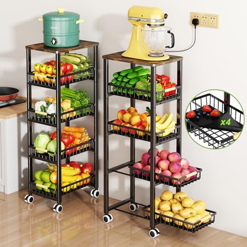 Fruit Vegetable Storage Basket for Kitchen, 5 Tier Large Pull-Out Metal Wire Baskets with 4 Pack Mats Bottom, Wood Top and Wheels, Vegetable Produce Bins Stand Cart Rack for Onions and Potatoes by MiyawellOfficial
