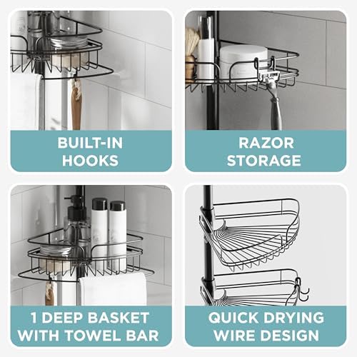 Zenna Home Tension Pole Shower Caddy Corner Organizer, Adjustable Standing Shower Caddy with 4 Baskets and Built in Towel Bar, Rust Resistant Bathroom Tension Rod Organizer, 60 to 97 Inch, Matte Black - Image 6