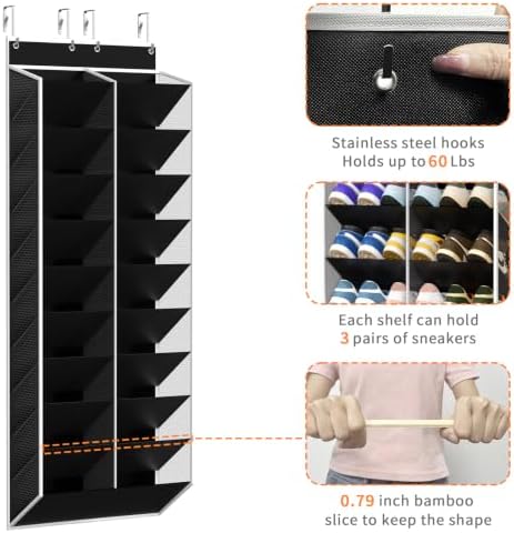 KEEPJOY 20-30 Pairs Over the Door Shoe Organizer, Mesh Hanging Shoe Rack for Door Storage with 20 Wide Deep Pockets,10-Tier Black Door Shoe Holder Fits Sneakers, Boots. - Image 5