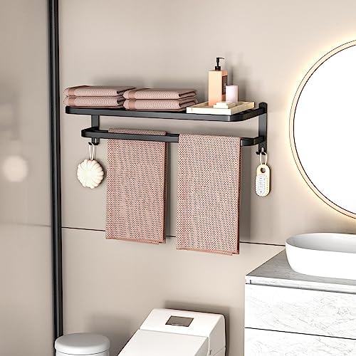 23 Inch Bathroom Towel Rack Towel Shelf with Double Towel Bars Lavatory Wall Mount Holder with Hooks Stainless Steel Hotel Bath Rack (Matte Black) - Image 6