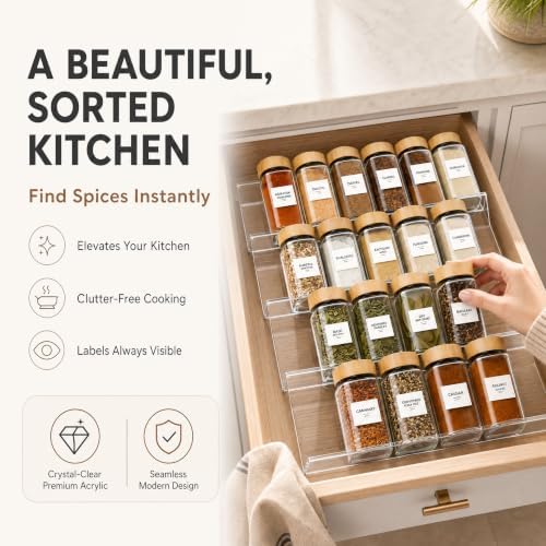 Acrylic Spice Drawer Organizer 4 PK, Expandable 13"-26" Acrylic Spice Rack for Drawer Seasoning Organizer Tray, Shelf Stackable 4-Tier Herb Jar Rack Insert for Kitchen Cabinet, Herb Jars Not Included - Image 3