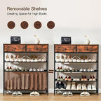 usikey Shoe Rack, 5 Tier Shoe Storage Organizer with 2 Drawers, Metal Shoe Shelf for 16-20 Pairs of Shoes, with 4 Oxford Fabric Shelves and Wooden Top, Shoe Stand for Closet, Entryway, Rustic Brown - Image 5