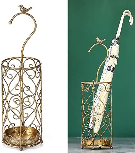 Umbrella Rack Stand,Umbrella Rack for Entryway,Canes Walking Sticks,Cast Iron Bird Handle and Drip Tray (Antique Gold) by SMQLJXC