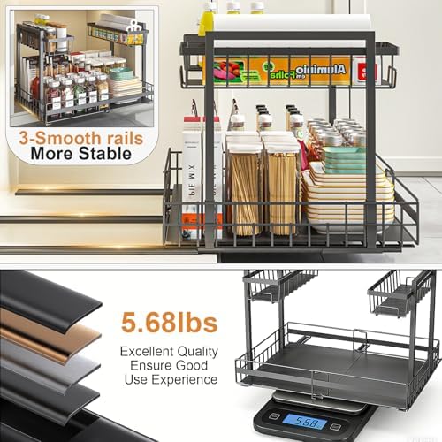 Under Sink Organizer, 1 Pack 2-Tier Expandable Pull Out Storage with Ball-Bearing Slides, Height Adjustable for Kitchen Bathroom Cabinet, Black - Image 4