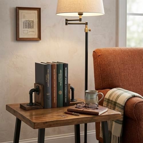 Bookends for Shelves, Heavy Book Ends with Extended Metal Base, Wood Non Skid Book Stopper, Antique Steampunk Industrial Pipe Office Decor for Men, Dark Brown L-Shaped Bookends Holder for Shelf (Pair) - Image 2