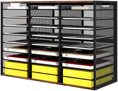 TQVAI 27 Compartments Desktop Literature Organizer, Metal Frame Paper Sorter with Handles, Heavy Duty Mailbox for Classroom and Office, Wood File Organizer for Document, Bill, Magazine, Antique Brown by TQVAI